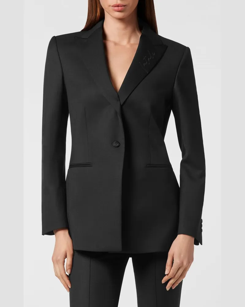Philipp Plein Einreihiger Cropped-Blazer von aus Wollmischung mit steigendem Revers Schwarz