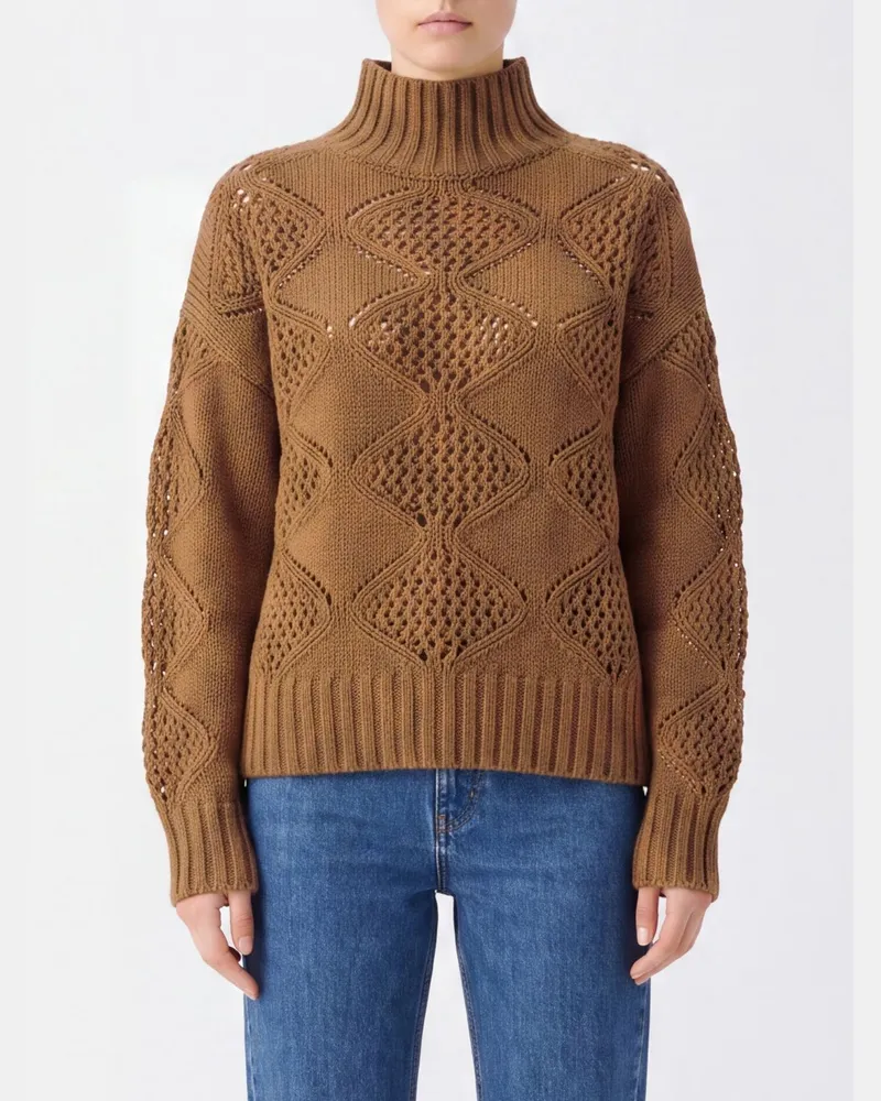 Liu Jo Lochstrick-Rollkragenpullover aus Wollmischung mit Rückenlogo Braun