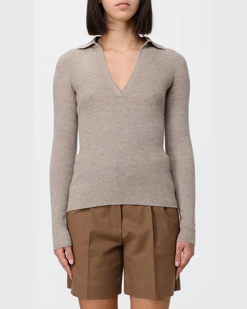 Max Mara Slim-Fit Polopullover aus 100% Kaschmir mit V-Ausschnitt Beige