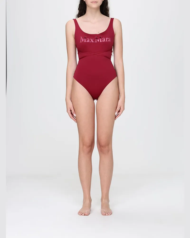 Max Mara Einteiliger Badeanzug mit beflocktem Logo und Bindegürtel Rot