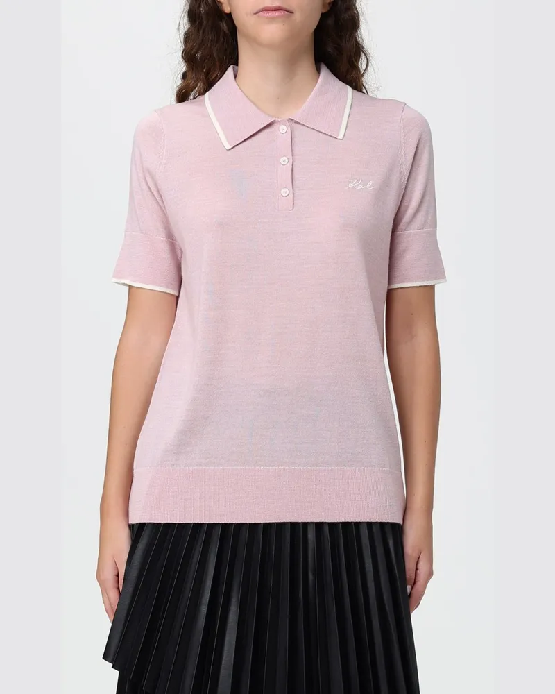 Karl Lagerfeld Gestricktes Poloshirt aus 100% Merinowolle mit Kontrastbesätzen Pink