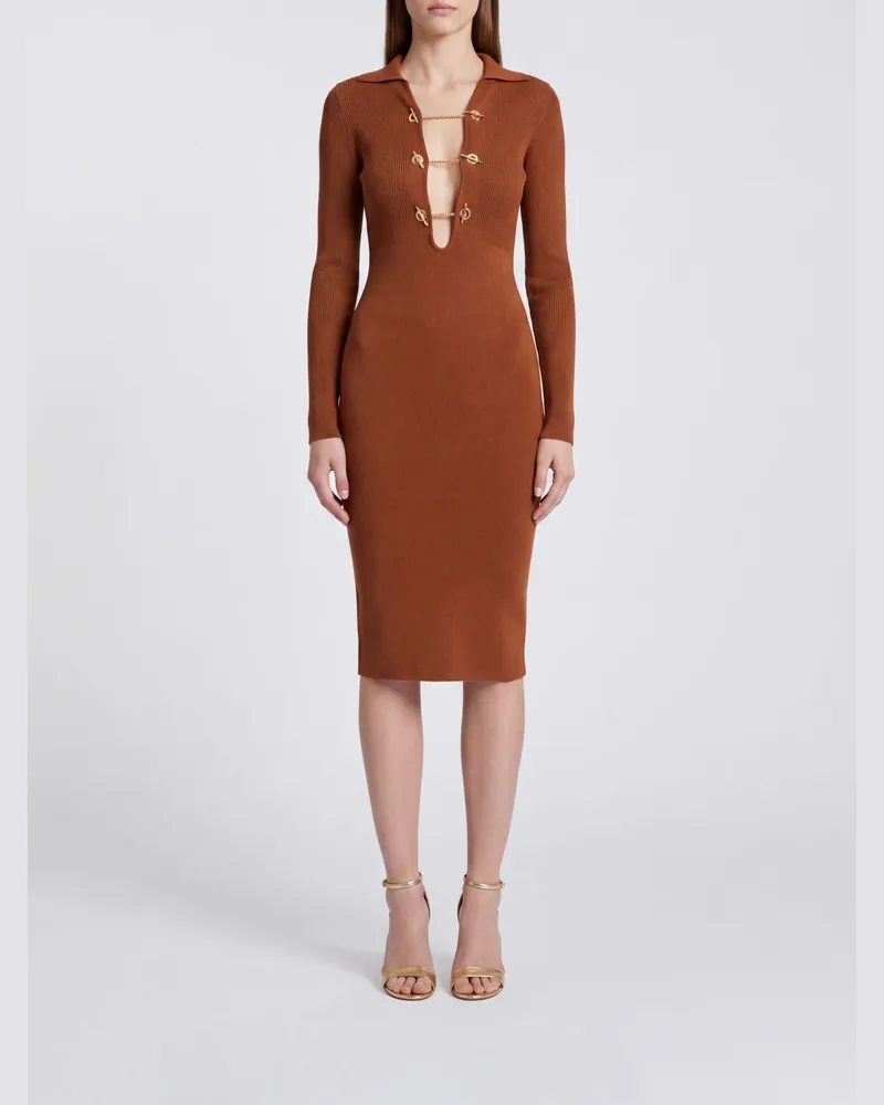 Elisabetta Franchi Slim-Fit-Midikleid aus Jersey-Strick mit V-Ausschnitt Tabak