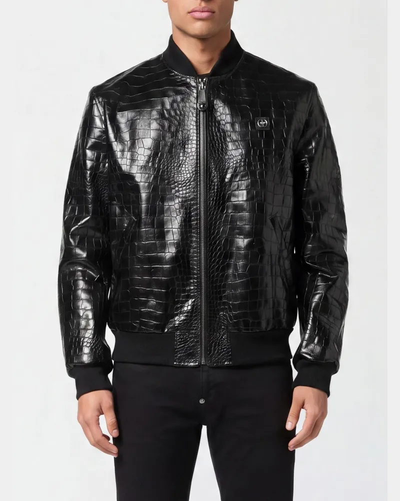 Philipp Plein Bomberjacke aus Krokoprint-Leder Schwarz