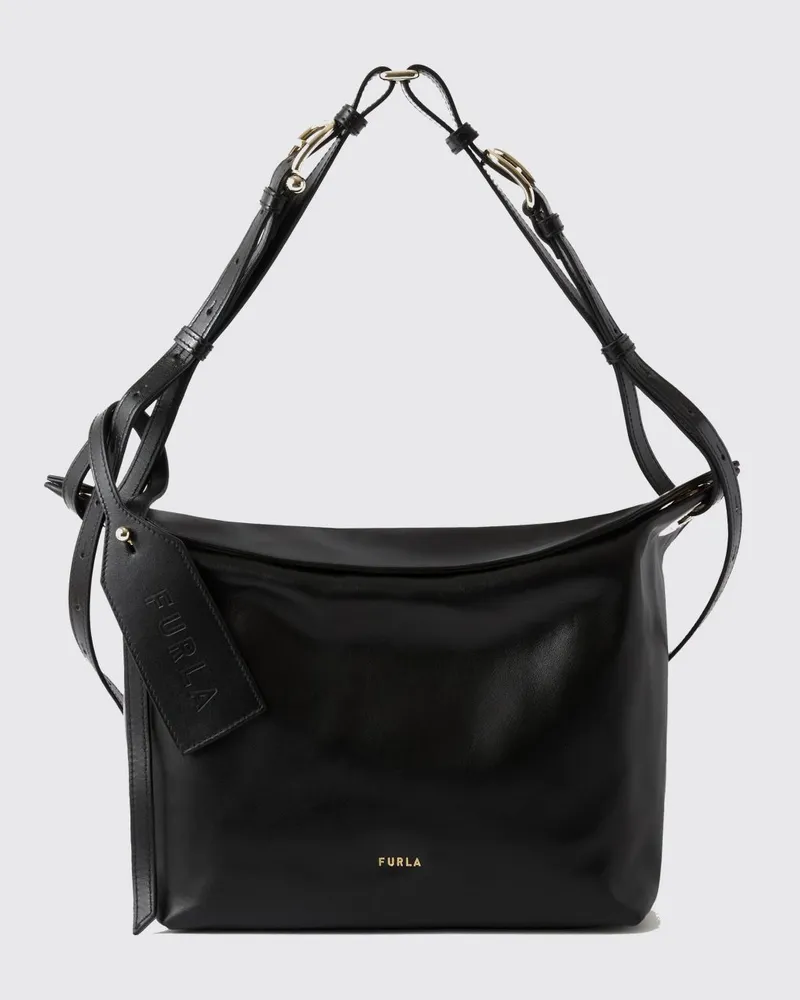 Furla Ginevra Schultertasche aus Glattleder mit Logo-Charm Schwarz