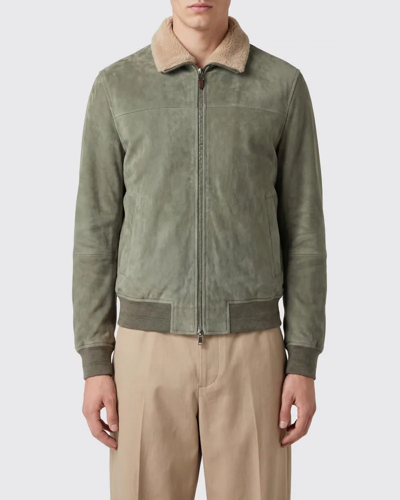 Canali Wildleder-Bomberjacke mit Pelzkragen und elastischem Saum Olive