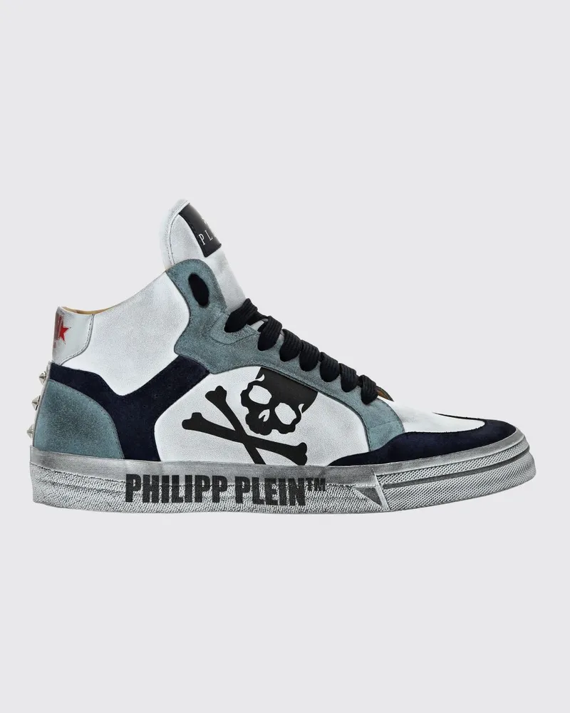 Philipp Plein Hohe Skull Sneakers aus Leder und Veloursleder im Used-Look Weiß
