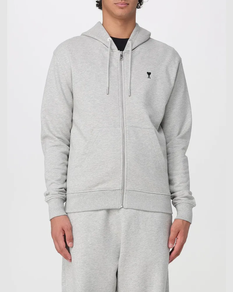AMI Paris Baumwoll-Kapuzenjacke mit Reißverschluss mit Kängurutasche und Logo Grau