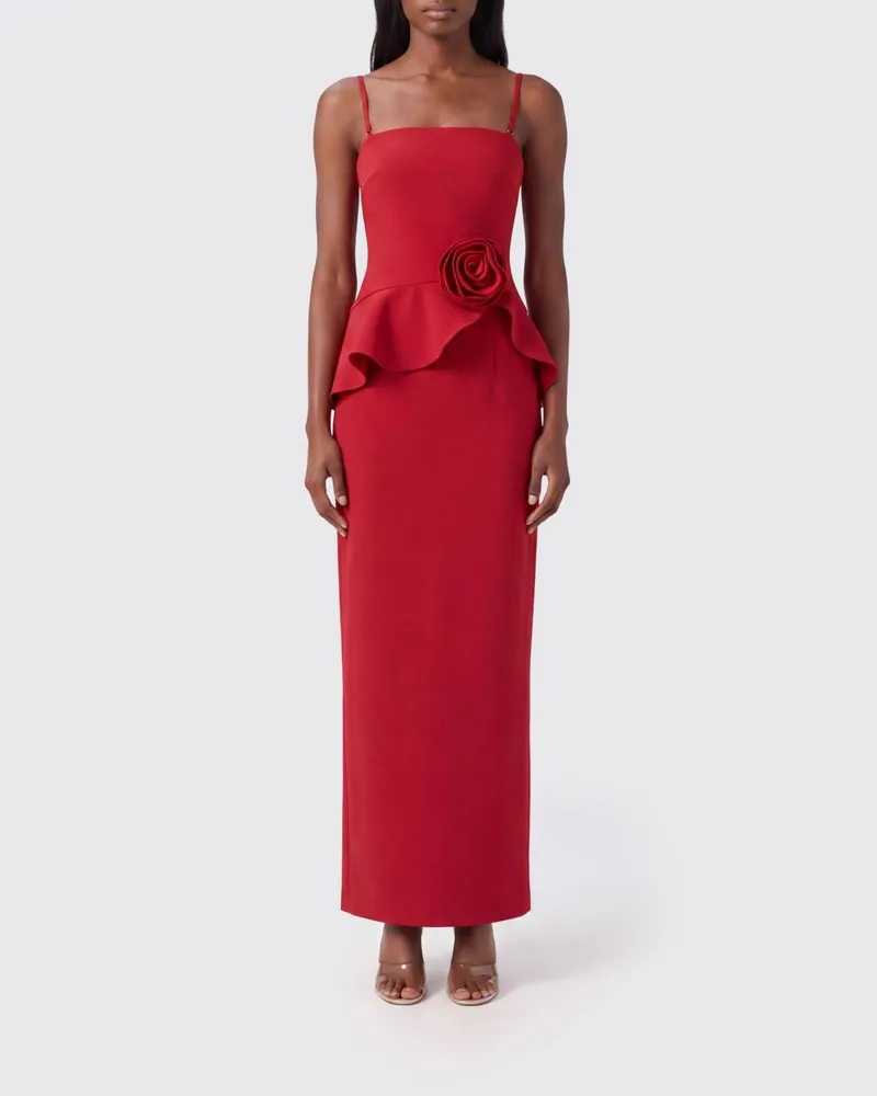 ROTATE Birger Christensen Schulterfreies Etui-Abendkleid aus Crêpe mit Blumendetail Rot