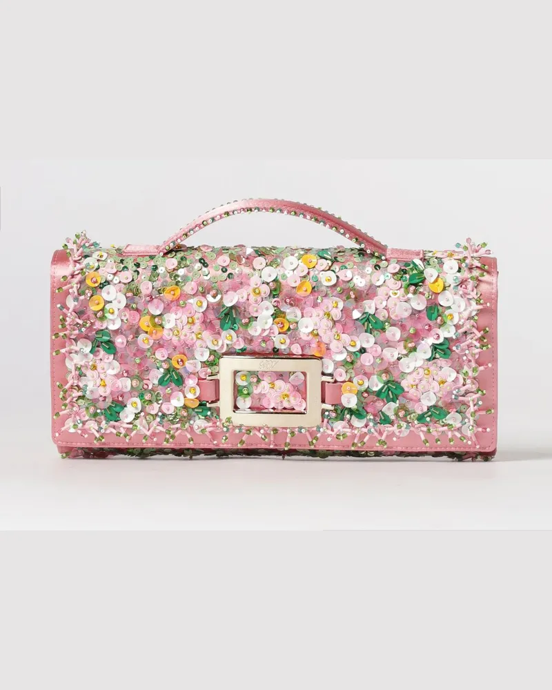 Roger Vivier Belle Vivier Satin-Clutch mit bestickten Pailletten Pink
