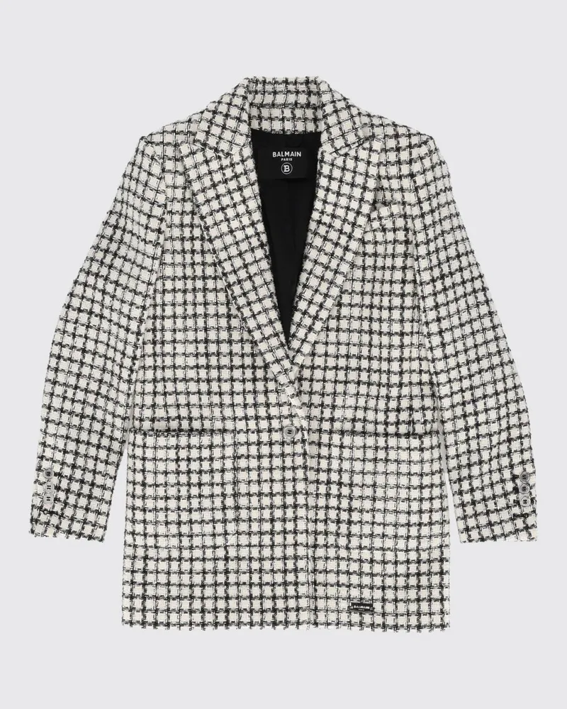 Balmain Einreihiger karierter Mantel für Jungen aus Wolle und Alpaka Weiß