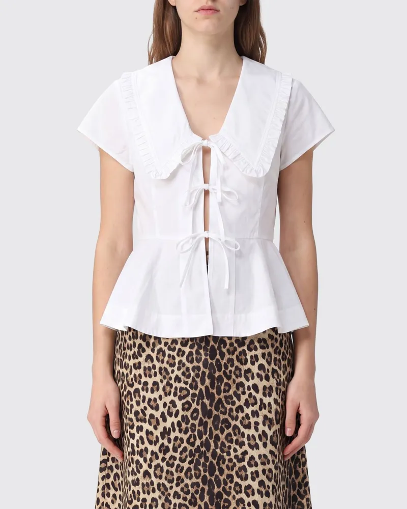 Ganni Bio-Baumwollbluse mit Matrosenkragen und Rüschen Weiß