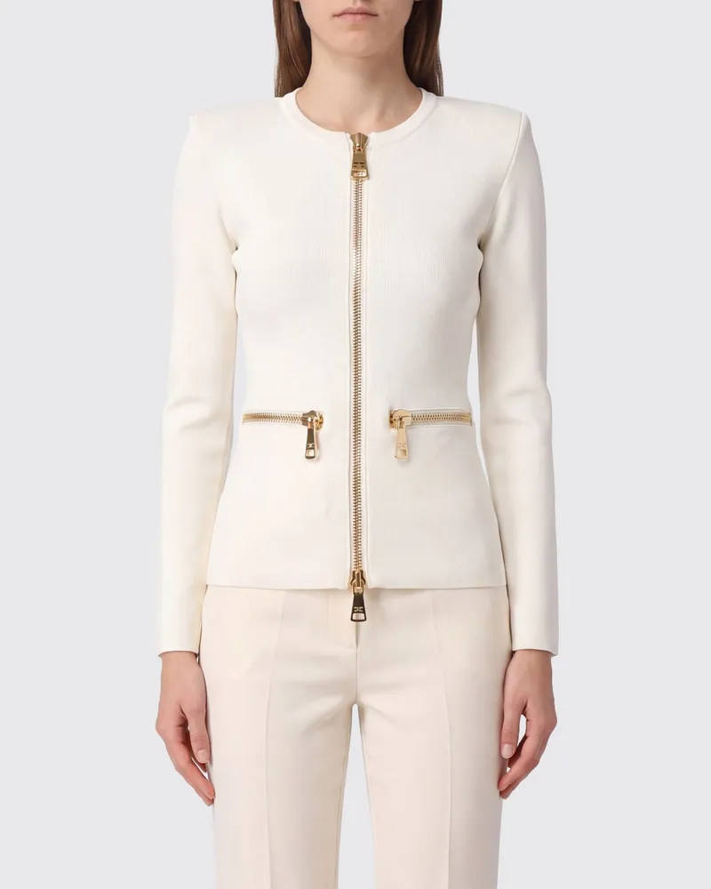 Elisabetta Franchi Slim-Fit-Strickjacke aus Stretch-Viskose mit Metallreißverschluss Ivory