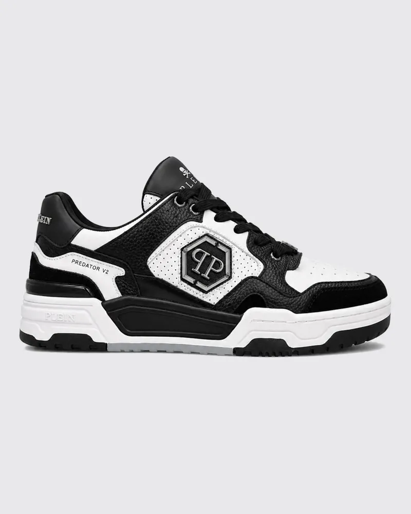 Philipp Plein Predator V2 Low-Top-Sneaker aus Leder mit Hexagon-Logo Weiss