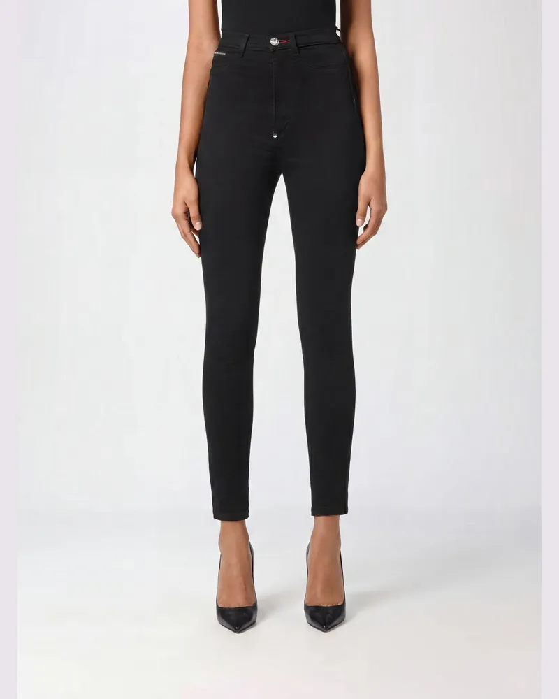 Philipp Plein Hoch taillierte Skinny-Cropped-Jeans aus Stretch-Denim mit Logo Schwarz