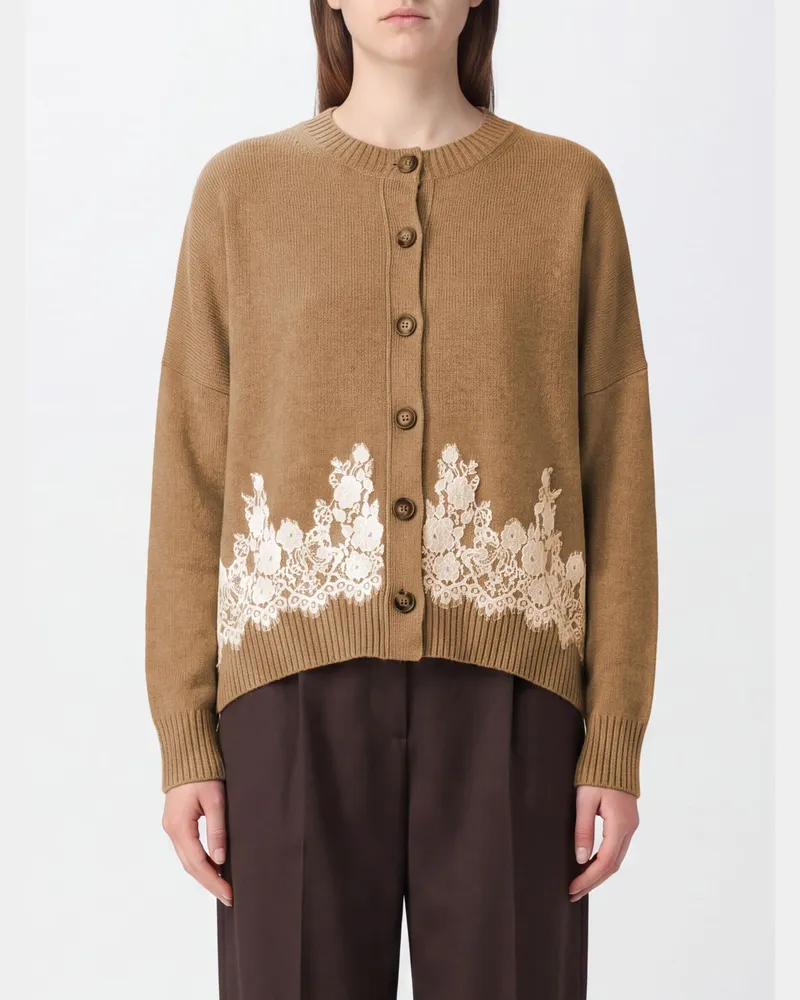 Alberta Ferretti Cardigan aus Kaschmir und Kamelhaar mit Spitzeneinsätzen Braun