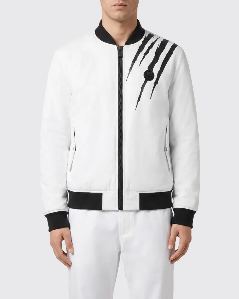 Philipp Plein Scratch Bomberjacke aus Nylon mit Kontrast-Logo und Taschen Weiß