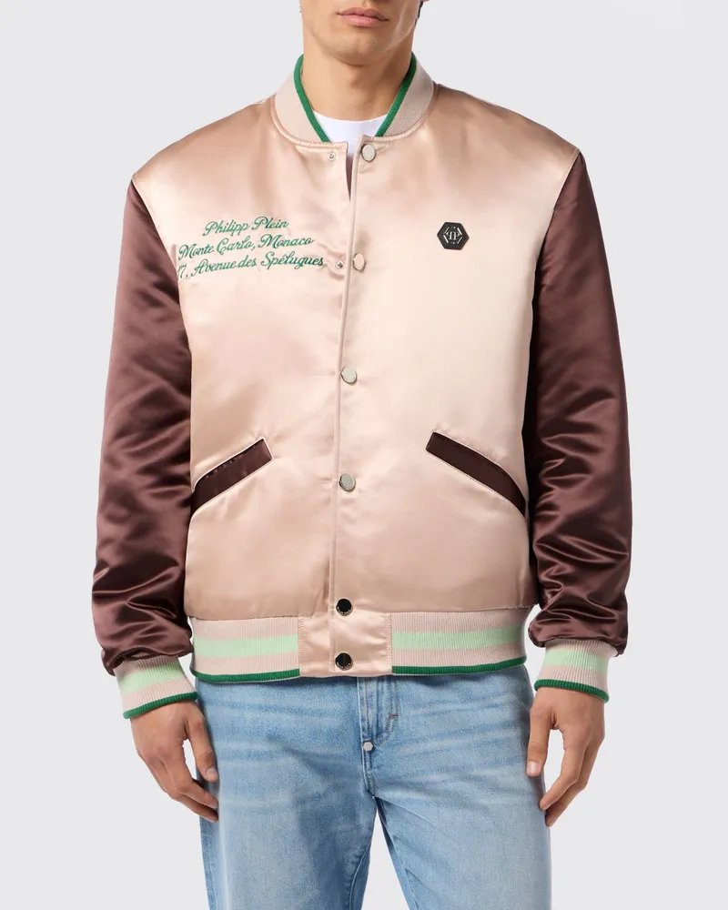 Philipp Plein Satin Varsity-Bomberjacke mit Rückenlogo Beige
