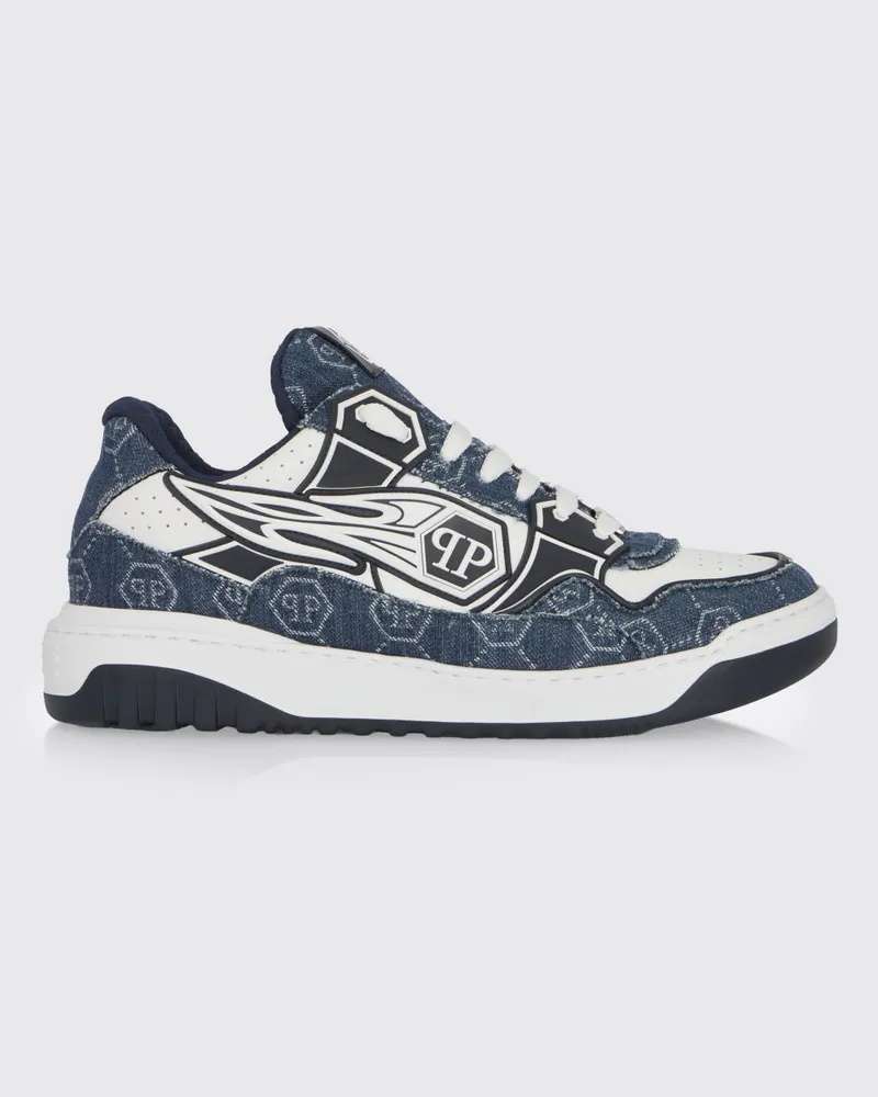 Philipp Plein Moonwalker Sneakers aus Denim und Leder Blau
