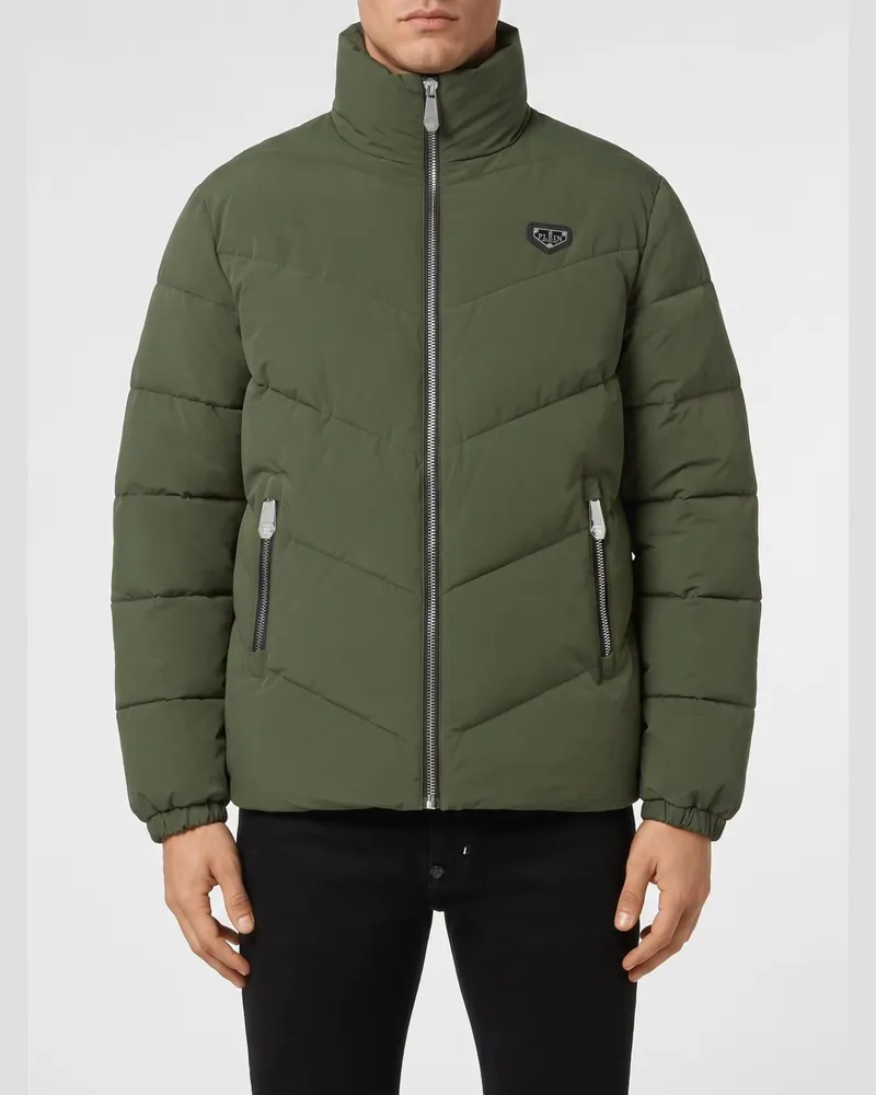 Philipp Plein Kurze Daunenjacke aus gestepptem Nylon mit Reißverschluss und Logo Military