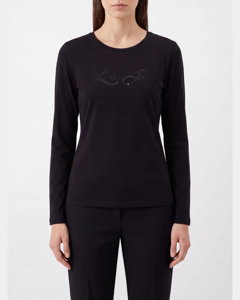 Liu Jo Langärmeliges Slim Fit T-Shirt aus Baumwolle mit Strass-Logo Schwarz