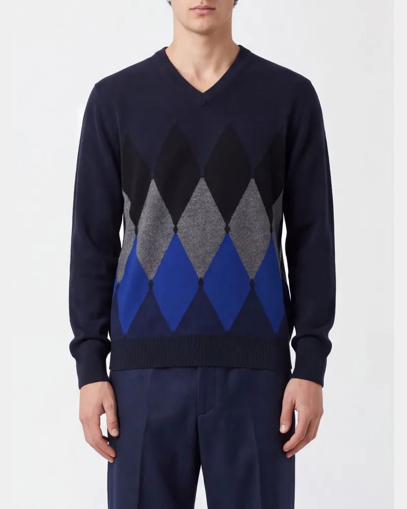 Ballantyne Argyle-Muster 100% Kaschmir-Pullover mit Rundhalsausschnitt Blau