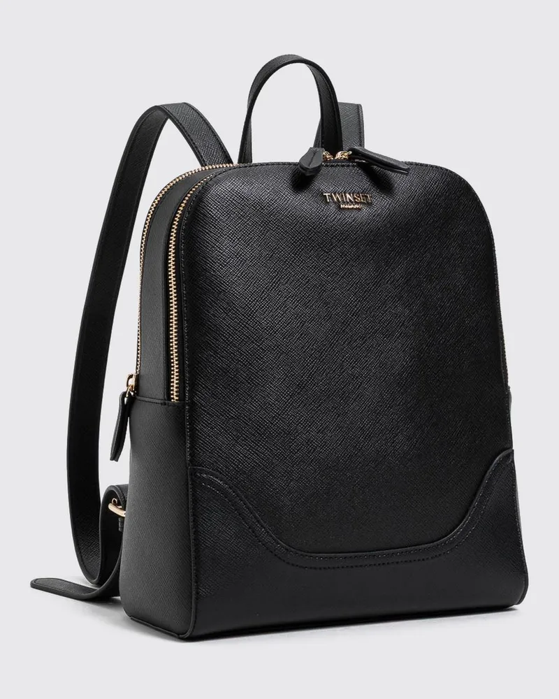 Twin-Set Rucksack aus Saffiano-Kunstleder mit verstellbaren Trägern und Logo Schwarz