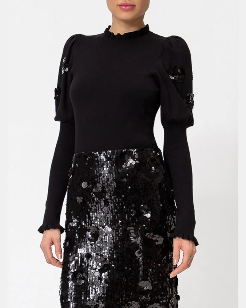 Twin-Set Slim-Fit-Pullover von mit Rüschenkragen und Pailletten Schwarz