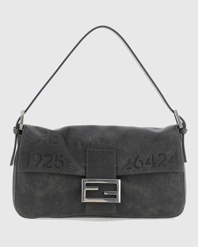 Fendi Baguette Schultertasche von aus bedrucktem Kalbsleder mit Logo Schwarz