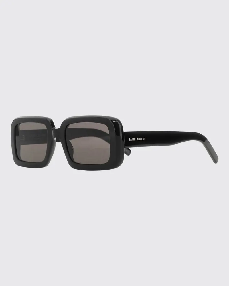 Saint Laurent Rechteckige Sonnenbrille aus schwarzem Acetat mit gedrucktem Logo an den Bügeln Schwarz
