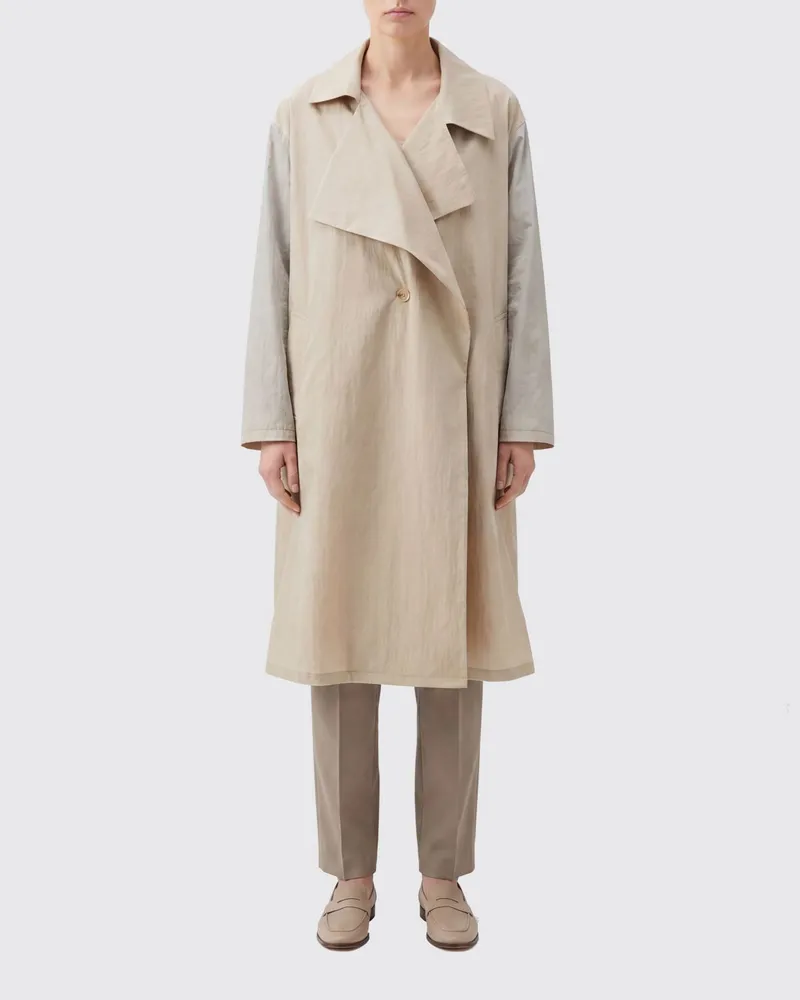 Yohji Yamamoto Langer Trenchcoat aus Baumwolle mit Reverskragen, überschnittenen Schultern und Knopfverschluss Beige