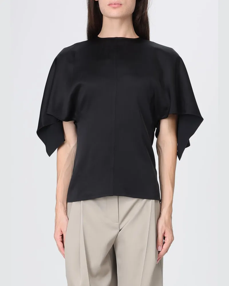 Stella McCartney Bluse mit Rundhalsausschnitt aus Satin mit kurzen Ärmeln und Bindeband Schwarz