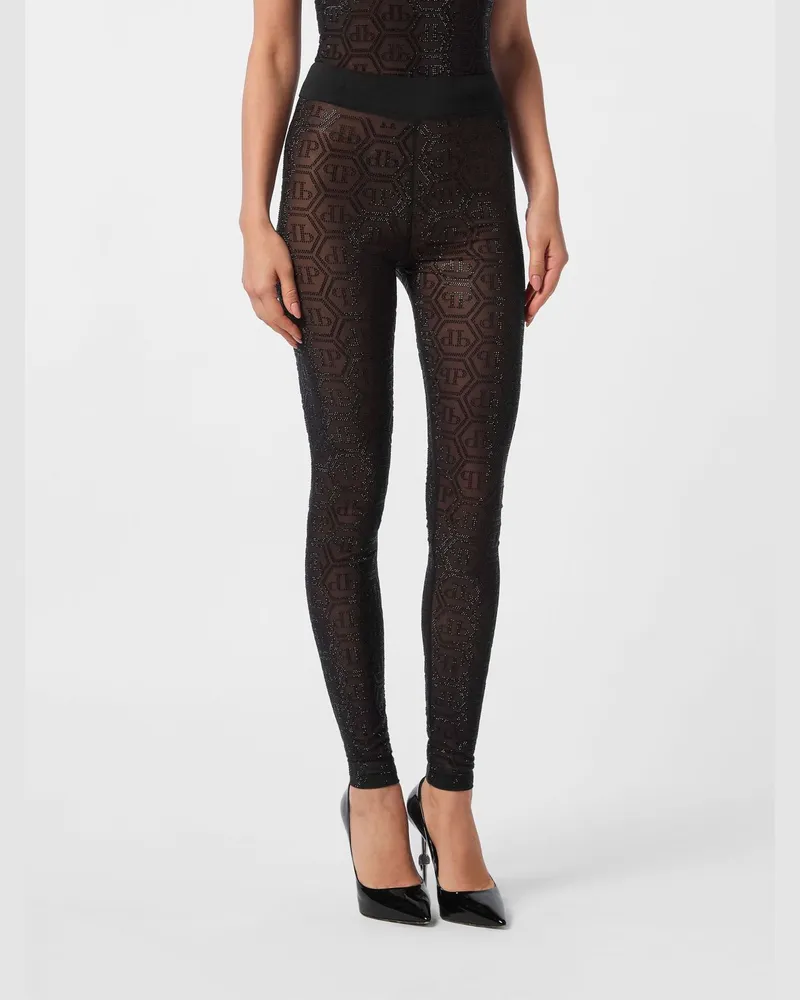 Philipp Plein Hoch taillierte transparente Tüll-Leggings von mit Strass-Logo Schwarz