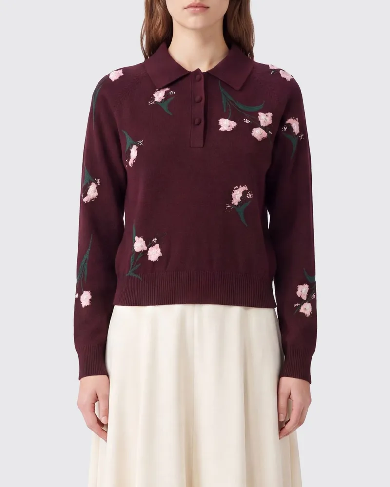 Erdem Slim-Fit-Strickpolo von aus reiner Merinowolle mit Blumenmotiv Burgunderrot