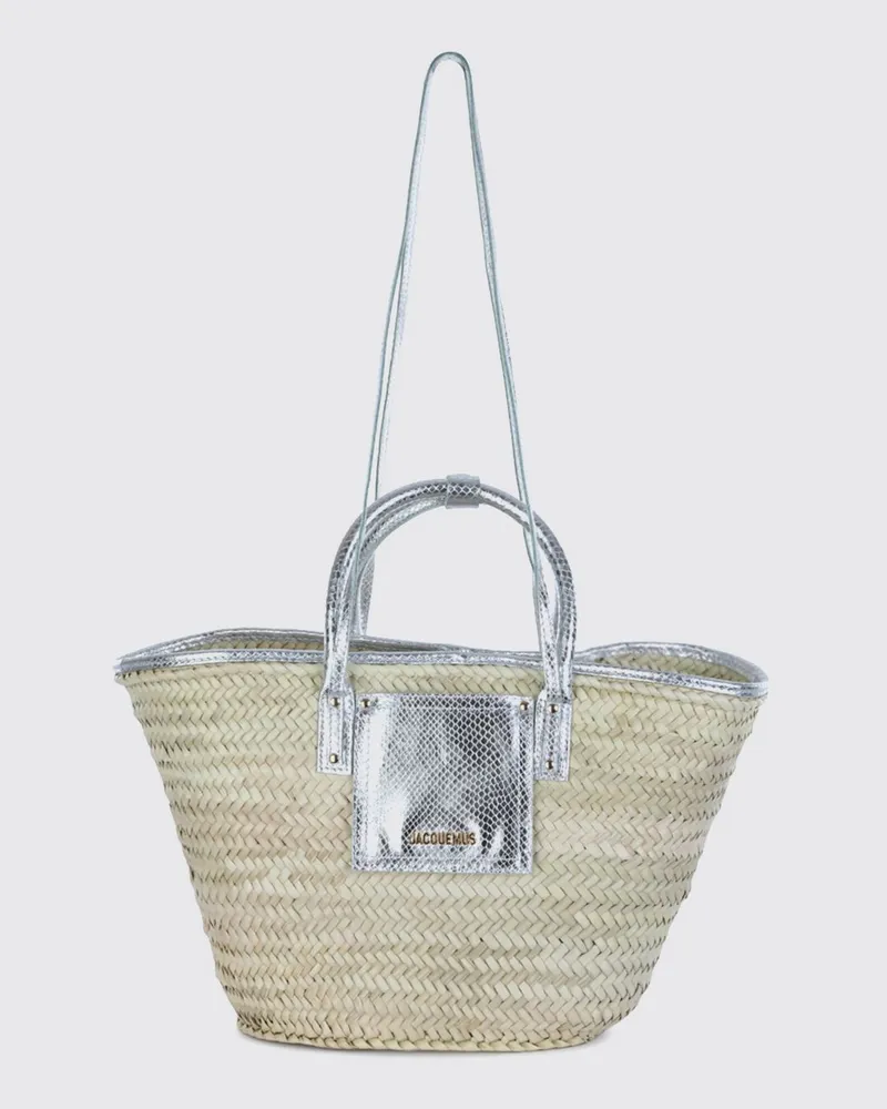 Jacquemus Le Panier Soli Tote-Bag aus gewebtem Bast und laminiertem Leder Silber