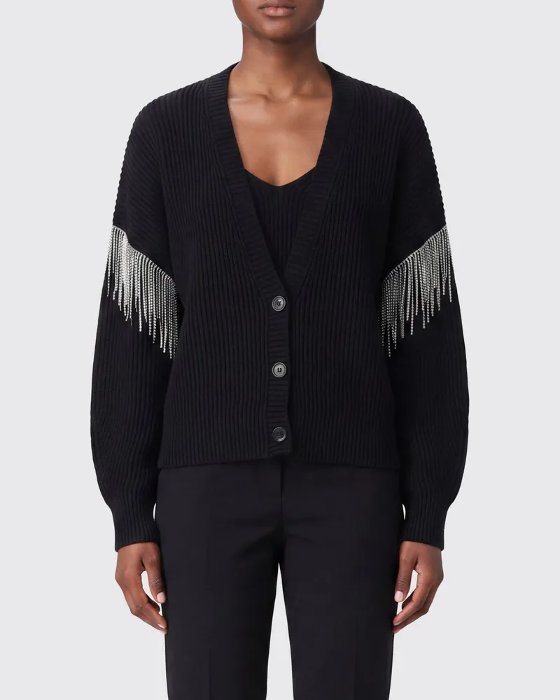 SPORTMAX V-Ausschnitt-Cardigan aus reiner Schurwolle mit Schmuckfransen Schwarz