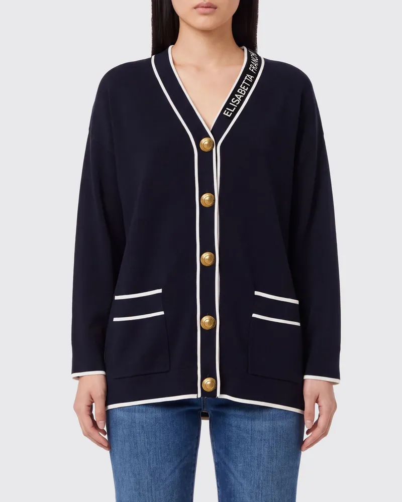 Elisabetta Franchi Strickjacke aus Schurwolle mit Kontrastbesätzen und Logo Schwarz