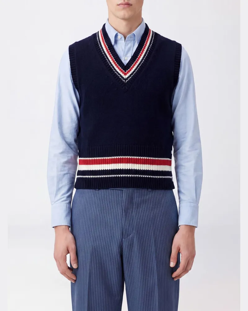 Thom Browne Strickweste aus Wollmischung mit V-Ausschnitt und grafischem Streifenmuster Navy