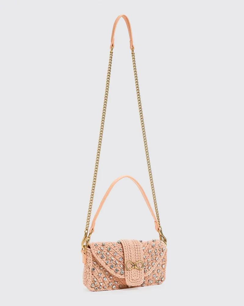 Twin-Set Häkel-Baumwolltasche mit Strasssteinen Peach