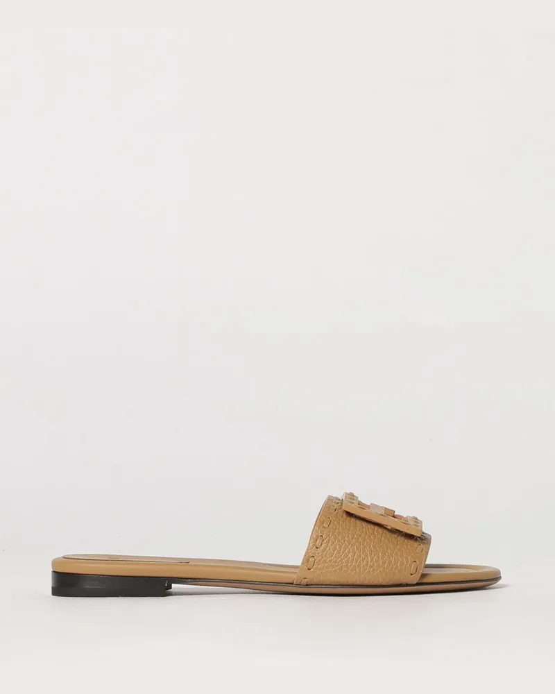 Fendi Flache Sandalen Baguette von aus genarbtem Leder mit FF-Monogramm Camel