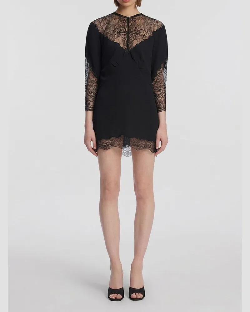 ATTICO Minikleid aus Schurwollstrick mit Spitzeneinsätzen Schwarz