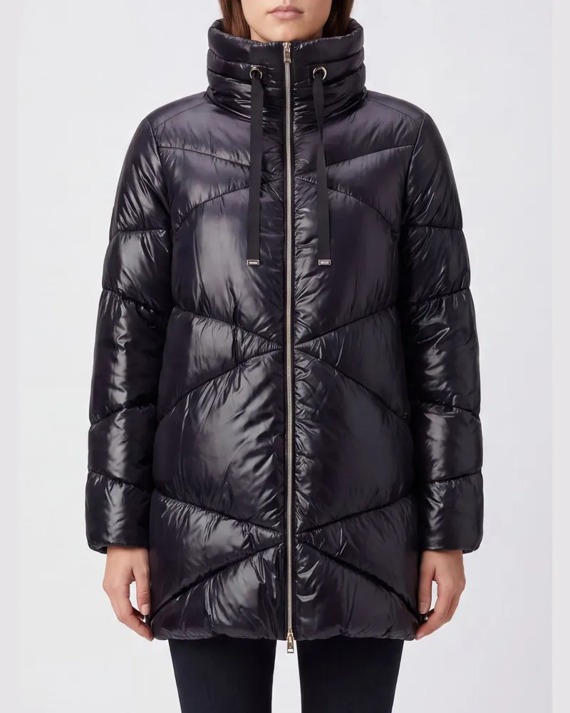 Herno Knielange Daunenjacke aus gestepptem Nylon mit hohem Kragen Schwarz