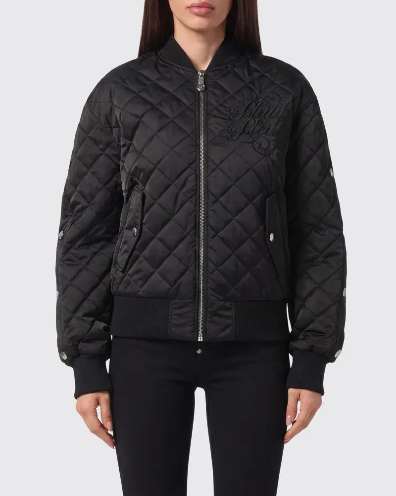 Philipp Plein Gesteppte Nylon-Bomberjacke mit Reißverschluss und Hexagon-Logo Schwarz