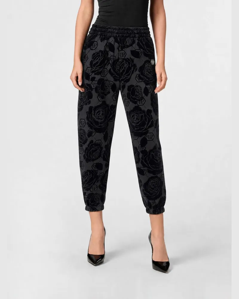 Philipp Plein Jogginghose aus Jersey mit Blumendruck und Hexagon-Logo Schwarz