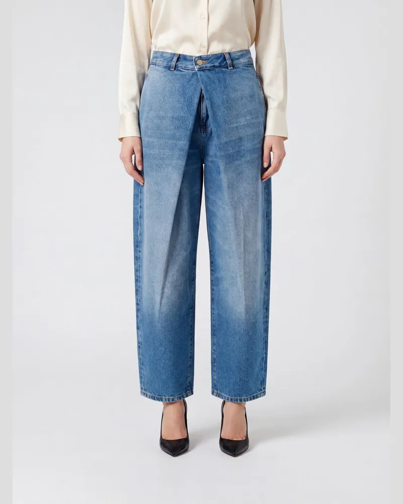 Balmain Mittelhohe Baggy-Jeans aus Stone-Washed-Denim mit asymmetrischem Design Blau