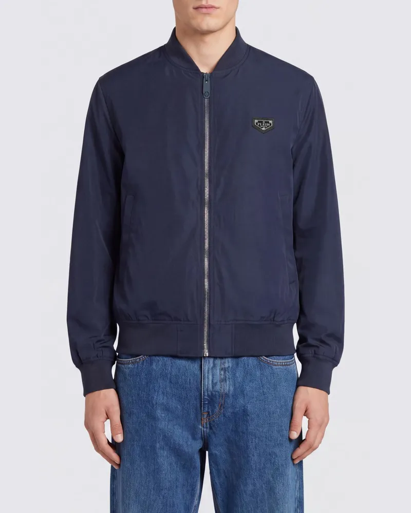 Philipp Plein Leichte Nylon-Bomberjacke mit ikonischem Kragen und Logo Blau