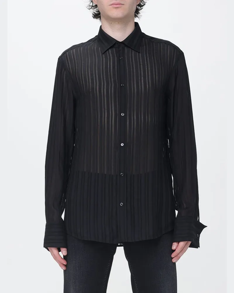 Gucci Langärmeliges Seidenhemd mit französischem Kragen und abgerundetem Saum Schwarz