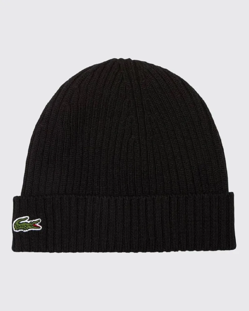 Lacoste Gerippte Beanie-Mütze aus reiner Wolle mit Umschlag und gesticktem Logo Schwarz
