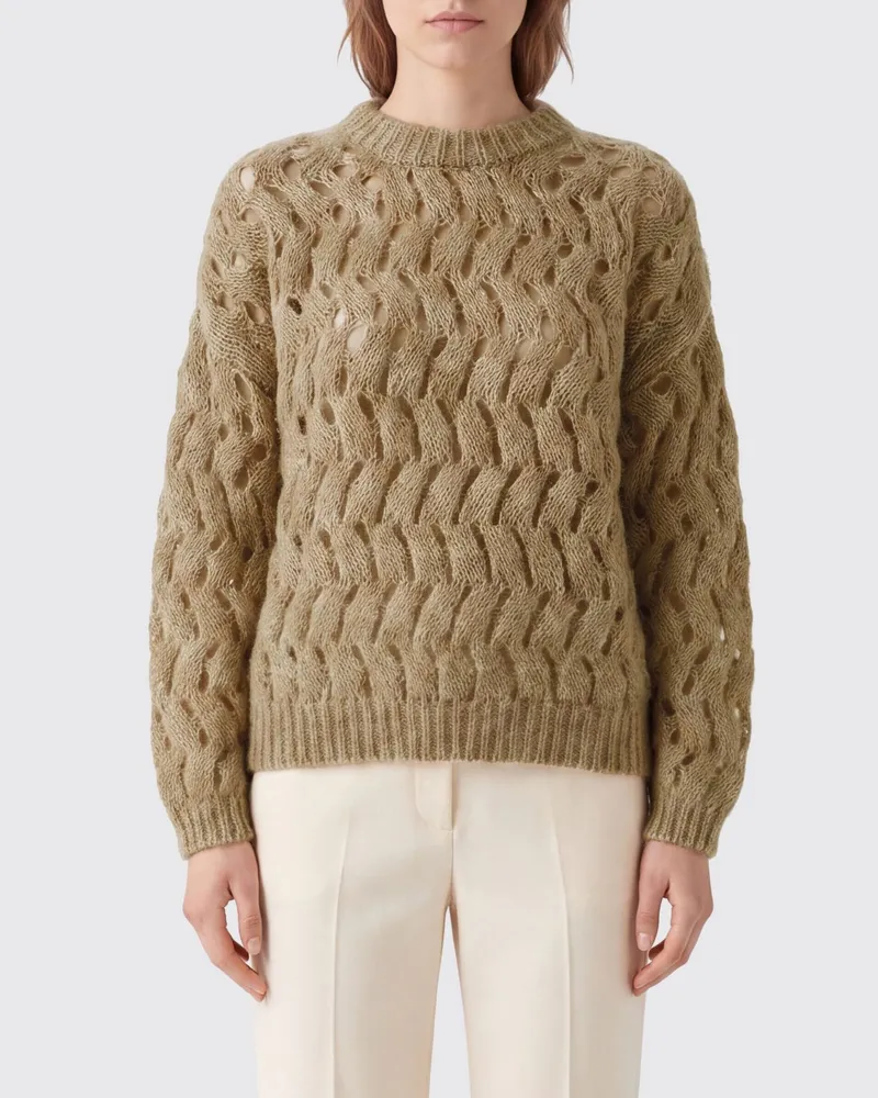 Brunello Cucinelli Pullover aus Wolle in Lochstrick mit Paillettenapplikation Sand