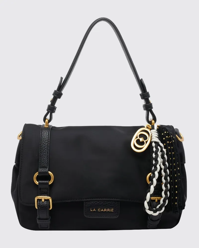 LA CARRIE Atena Schultertasche aus Nylon mit Lederbesatz Schwarz