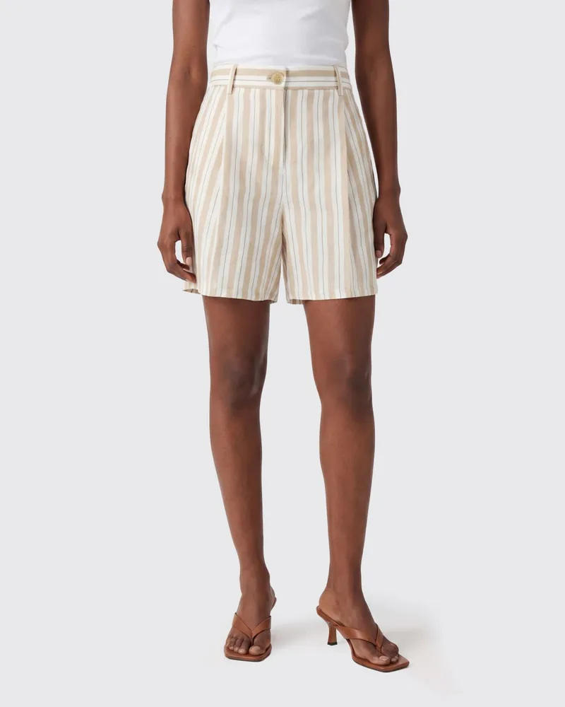 Semicouture Gestreifte Leinen-Shorts mit hohem Bund und Gürtelschlaufen Beige